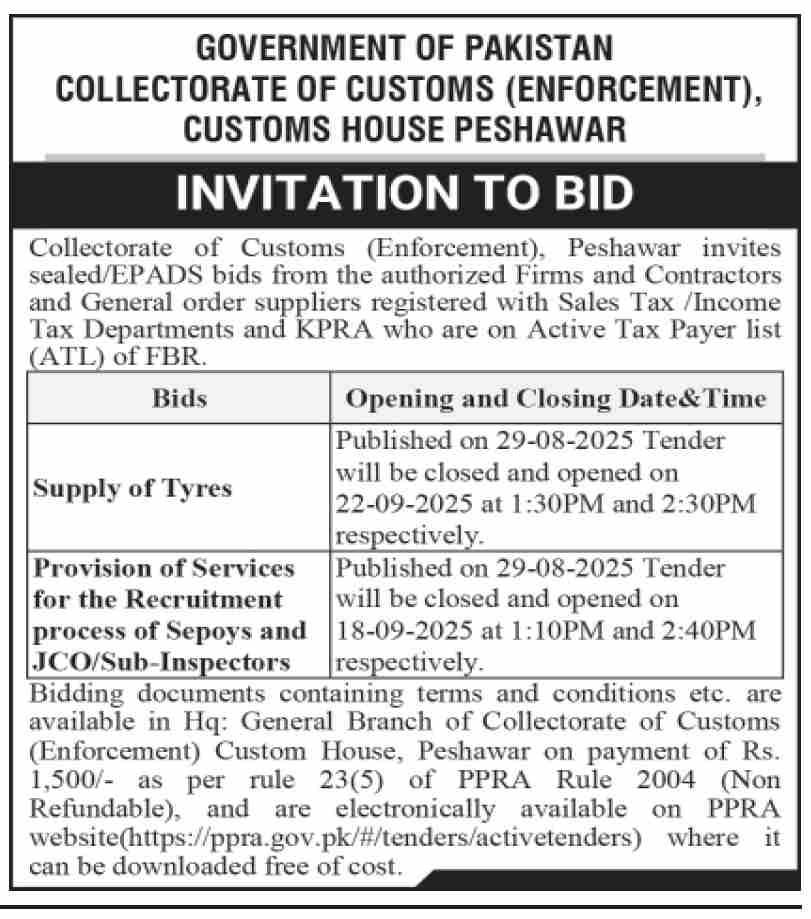Collectorate of Customs Peshawar Tender Notice
